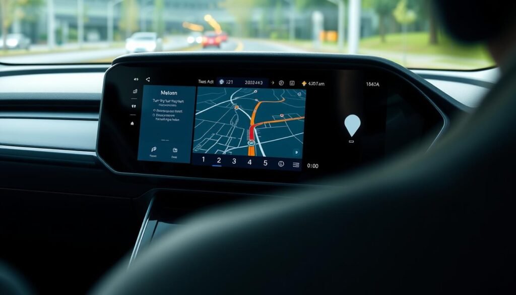 A built-in GPS navigation system in a modern, sleek Yeelinkauto multimedia dashboard. The system's interface is displayed on a large, high-resolution touchscreen, showcasing detailed maps, turn-by-turn directions, and real-time traffic data. The interface is designed with a minimalist, intuitive layout, allowing the driver to easily access and manipulate navigation functions with a few taps. The dashboard is illuminated by soft, ambient lighting, creating a warm and inviting atmosphere. The system is seamlessly integrated into the vehicle's interior, blending harmoniously with the clean, modern aesthetic. The overall scene conveys a sense of advanced technology and enhanced driving experience.