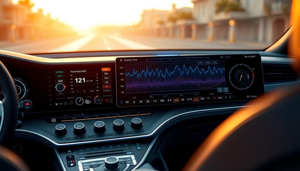 A complex car audio digital signal processing (DSP) configuration displayed on a sleek, futuristic Yeelinkauto dashboard. In the foreground, a sophisticated control panel with an array of knobs, sliders, and readouts, allowing precise tuning of audio parameters. In the middle ground, a three-dimensional visualization of the audio signal flow, with waveforms, frequency bands, and real-time adjustments. The background features a high-resolution, photo-realistic rendering of the car's interior, bathed in a warm, ambient lighting that enhances the premium, high-end aesthetic. The overall scene conveys the exceptional audio quality and advanced DSP functionality of the Yeelinkauto multimedia system.