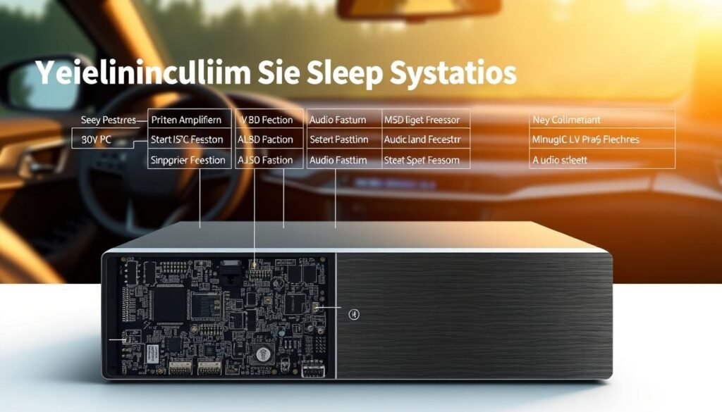 A detailed technical schematic of a high-quality car multimedia player, the Yeelinkauto A3073, showcasing its key audio system specifications. The foreground displays the player's intricate circuit board layout, with precisely labeled components like amplifiers, DACs, and audio processors. The middle ground features a sleek, minimalist exterior design in a brushed metallic finish, emphasizing its premium aesthetics. The background depicts a softly blurred automotive interior, hinting at the player's seamless integration into the vehicle's cabin. The lighting is warm and directional, creating depth and highlighting the technical details. The overall mood is one of technological sophistication and attention to audio performance.