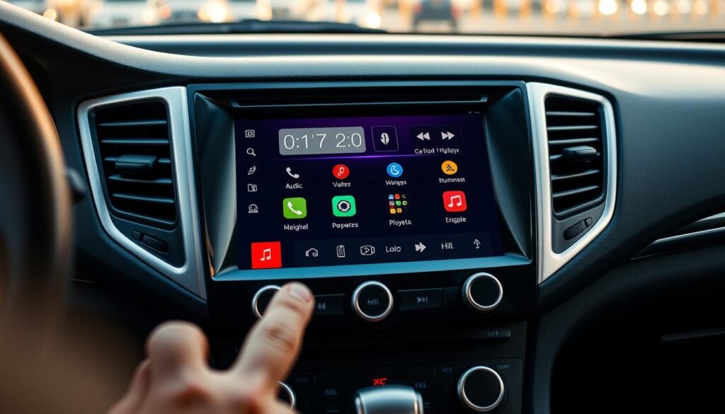 A high-quality, close-up view of a Yeelinkauto car stereo media interface, showcasing its sleek and modern design. The interface features a large, high-resolution touchscreen display with intuitive controls for audio, navigation, and other in-vehicle functions. The screen is surrounded by a clean, minimalist bezel, with buttons and knobs for quick access to commonly used features. The interface is illuminated by soft, ambient lighting, creating a warm and inviting atmosphere. The angle of the view highlights the interface's ergonomic placement within the vehicle's dashboard, optimizing the driver's accessibility and user experience.