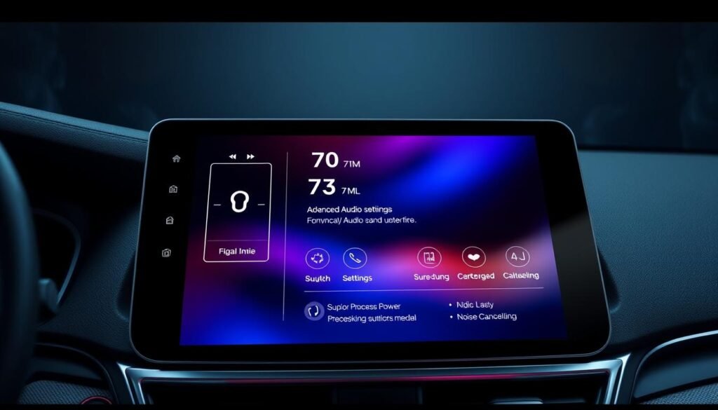 A high-resolution touchscreen display, the centerpiece of the Yeelinkauto multimedia system, showcases vibrant colors and exceptional clarity. Sleek metal accents and a minimalist design create a premium, high-tech aesthetic. In the foreground, the display seamlessly integrates advanced audio controls, allowing precise adjustment of equalizer settings and surround sound options. The middle ground features detailed technical specifications, highlighting the system's superior processing power and noise-cancelling capabilities. The background depicts a serene, dimly lit interior, with soft lighting accentuating the display's deep blacks and refined, sophisticated appearance.