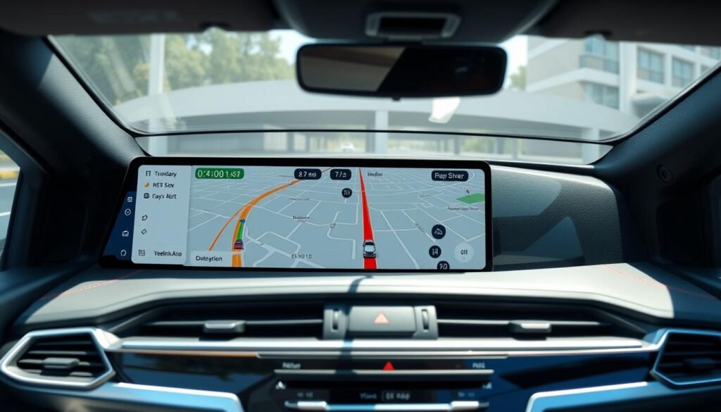 A high-resolution, wide-angle photograph of a car dashboard featuring a large, modern GPS navigation display from the Yeelinkauto brand. The display shows a detailed map with clear route guidance, traffic data, and safety alerts. The dashboard has a sleek, minimalist design with intuitive controls and a user-friendly interface. The lighting is bright and natural, creating a sense of clarity and focus. The overall scene conveys a sense of safety, convenience, and technological sophistication.
