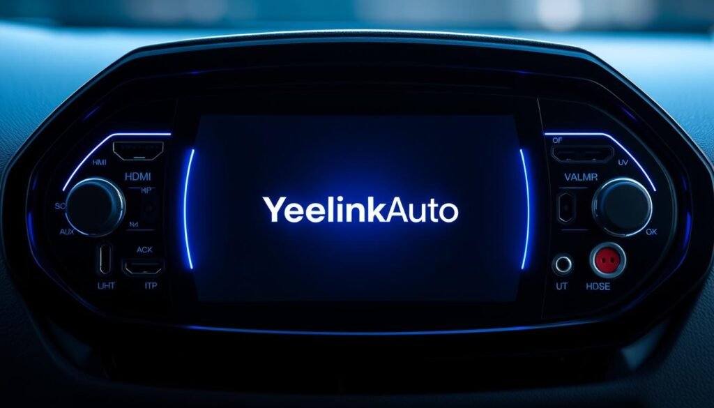 A high-tech car multimedia player display showcasing its advanced audio video connectivity features. The Yeelinkauto logo prominently positioned in the center, surrounded by an array of input/output ports, including HDMI, USB, and AUX connectors. The display is illuminated with a cool blue glow, creating a sleek, futuristic atmosphere. The composition emphasizes the advanced technology and connectivity options available, positioning the Yeelinkauto player as a premium, feature-rich choice for the modern driver.