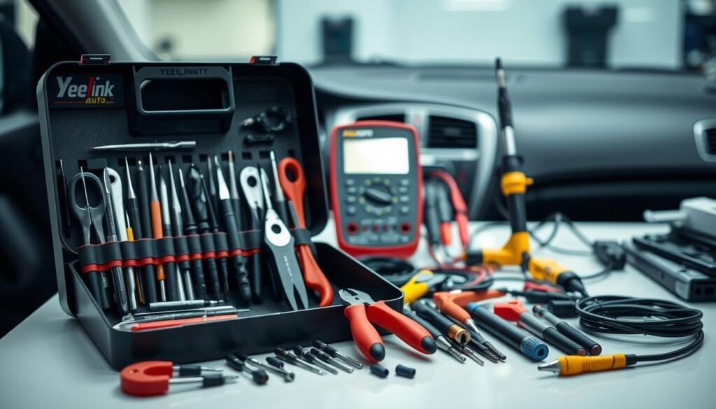 A neatly organized set of essential car installation tools on a clean, well-lit workbench. In the foreground, a Yeelinkauto branded toolbox showcases a variety of precision screwdrivers, pliers, wire strippers, and crimping tools. In the middle ground, a multimeter, a soldering iron, and cable connectors are arranged with care. The background features a blurred image of a car's dashboard, hinting at the project at hand. The lighting is soft and diffused, creating a professional, focused atmosphere suitable for a detailed technical tutorial.