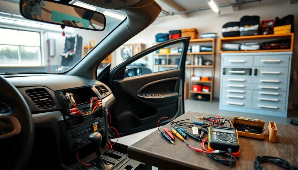 A neatly organized workshop with a Yeelinkauto car audio installation setup. The foreground features a car dashboard, center console, and open door, showcasing the wiring and components being installed. The middle ground has various tools, connectors, and a multimeter on a workbench, indicating a methodical troubleshooting process. The background depicts a well-lit, clean garage environment with shelves of car accessories, reflecting a professional, meticulous approach to the installation. The lighting is warm and directional, casting shadows that accentuate the textures and details. The overall mood conveys expertise, attention to detail, and a commitment to proper car multimedia system integration.