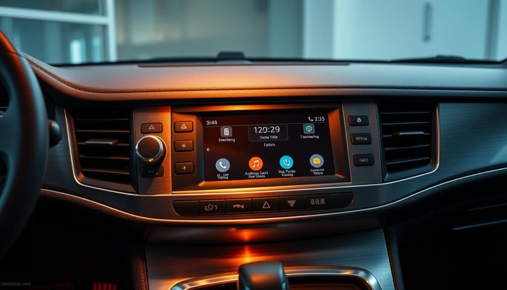 A sleek, Yeelinkauto car multimedia player's front panel, illuminated by warm, soft lighting. The brushed metal surface is adorned with precise, tactile controls - knobs, buttons, and a high-resolution touchscreen display. The layout is intuitive and well-organized, with clear icons and labels guiding the user's interactions. The entire assembly is set against a backdrop of a modern, minimalist vehicle interior, hinting at the system's seamless integration. The scene exudes a sense of technological sophistication and user-friendliness, inviting the viewer to confidently operate the multimedia system.