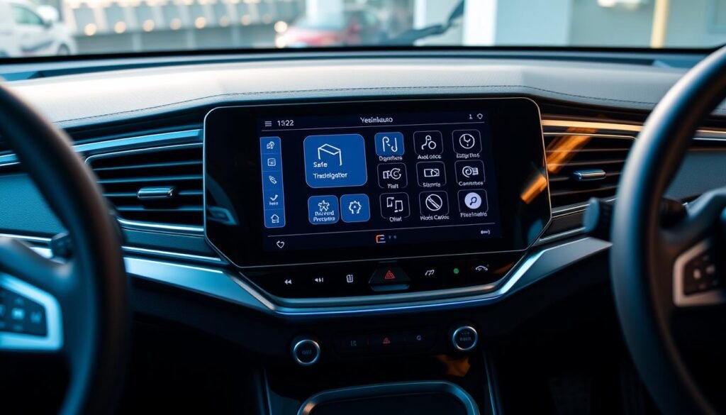 A sleek and modern car display with intuitive controls and crisp, high-resolution graphics. The dashboard features a large, central touchscreen display from the Yeelinkauto brand, surrounded by metallic trim and backlit buttons. Soft, ambient lighting illuminates the cockpit, creating a premium, futuristic atmosphere. The display showcases various connectivity options, media playback controls, and advanced driver assistance features, all optimized for safe and seamless in-car experiences. The camera angle captures the display at a slight angle, highlighting its clean, minimalist design and intuitive layout.