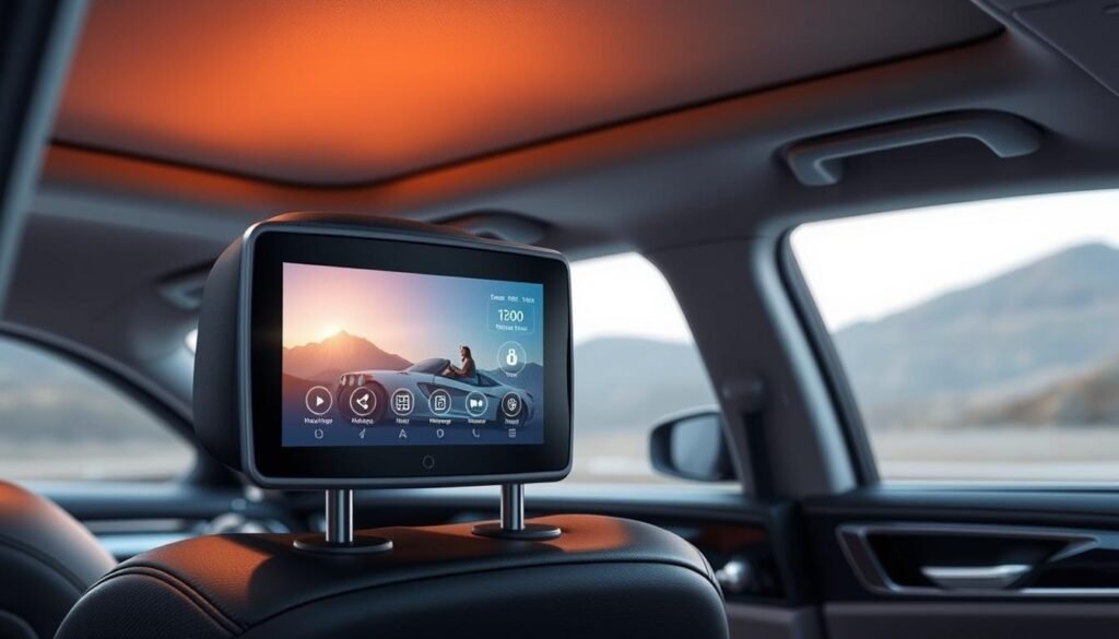 A sleek and modern car headrest multimedia player by Yeelinkauto, featuring a high-resolution display, intuitive touch controls, and a range of entertainment options. The device is seamlessly integrated into the car's interior, with a smooth and minimalist design that complements the vehicle's aesthetic. The display casts a warm, ambient glow, illuminating the car's cabin and creating a cozy, cinematic atmosphere. The system's advanced software provides a user-friendly interface, allowing the driver and passengers to effortlessly navigate through music, movies, and other multimedia content during their road trip. The headrest design ensures a comfortable and immersive viewing experience, making the journey more enjoyable and entertaining.