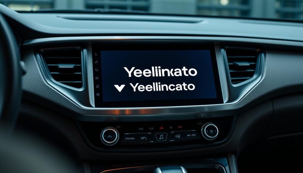 A sleek and modern car multimedia player with the Yeelinkauto brand displayed prominently on the center console. The device features a large, high-resolution touchscreen display surrounded by a minimalist, brushed metal frame. The playback controls are neatly arranged below the screen, with intuitive buttons for volume, track selection, and various audio/video playback options. The overall design exudes a sense of technological sophistication, seamlessly integrating into the vehicle's interior. Soft, ambient lighting illuminates the control panel, creating a warm and inviting atmosphere. The scene is captured from a slightly elevated angle, showcasing the player's clean, uncluttered layout and attention to detail.