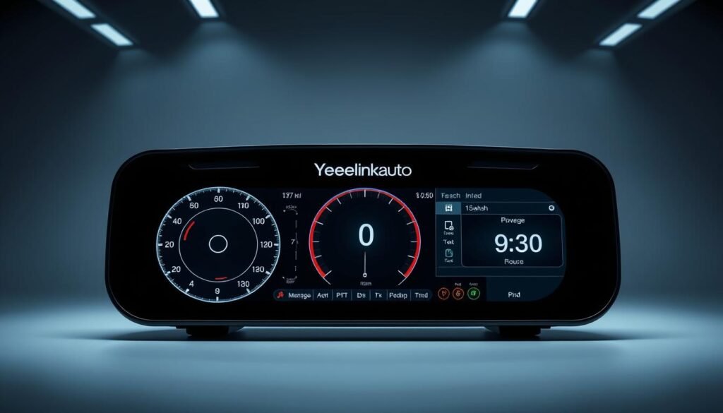 A sleek and modern dashboard integration measurement display showcased in a well-lit, professional studio setting. The Yeelinkauto branding is prominently featured, with a clean, minimalist design that emphasizes the precision and functionality of the device. The display shows a range of measurements and data points, all presented in a clear and intuitive interface. The lighting is carefully controlled, creating a sense of depth and highlighting the various components and features of the integration. The overall mood is one of technical sophistication and attention to detail, perfectly complementing the "Design and Build: The Perfect Fit for Your Car" section of the article.