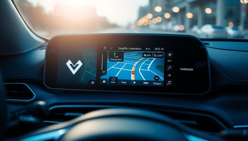 A sleek and modern interactive dashboard display with a Yeelinkauto brand logo prominently featured. The display showcases various car multimedia navigation features such as a high-definition navigation map, real-time traffic updates, and integrated media controls. The interface is crisp, intuitive, and responsive, with a minimalist design that complements the vehicle's interior. Soft, ambient lighting illuminates the dashboard, creating a premium and technologically advanced atmosphere. The camera angle captures the display at a slightly elevated perspective, emphasizing its central role in the driver's experience.