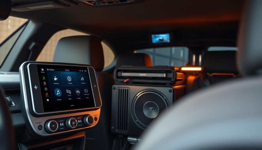 A sleek and sophisticated Yeelinkauto car audio and rear view camera system. In the foreground, a high-resolution touchscreen display showcases the intuitive user interface, seamlessly integrating audio controls and a crystal-clear rear-view camera feed. The middle ground features the robust amplifier and subwoofer, delivering powerful, immersive sound. In the background, the neatly organized wiring and installation components suggest a professional, expertly-crafted setup. Warm, indirect lighting casts a subtle glow, creating a premium, luxurious atmosphere. The entire system is designed to elevate the driving experience, making every journey more enjoyable.