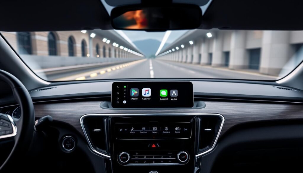 A sleek dashboard showcasing the seamless integration of wireless Apple CarPlay and Android Auto technologies, powered by the premium Yeelinkauto multimedia system. The intuitive interface displays navigational maps, media controls, and smartphone connectivity against a backdrop of brushed aluminum accents and ambient lighting. A crisp, high-resolution display provides a clear, distraction-free driving experience, while the streamlined, minimalist design seamlessly blends into the modern vehicle's interior. The scene is captured through a wide-angle lens, emphasizing the harmony between the advanced infotainment system and the car's overall aesthetic.