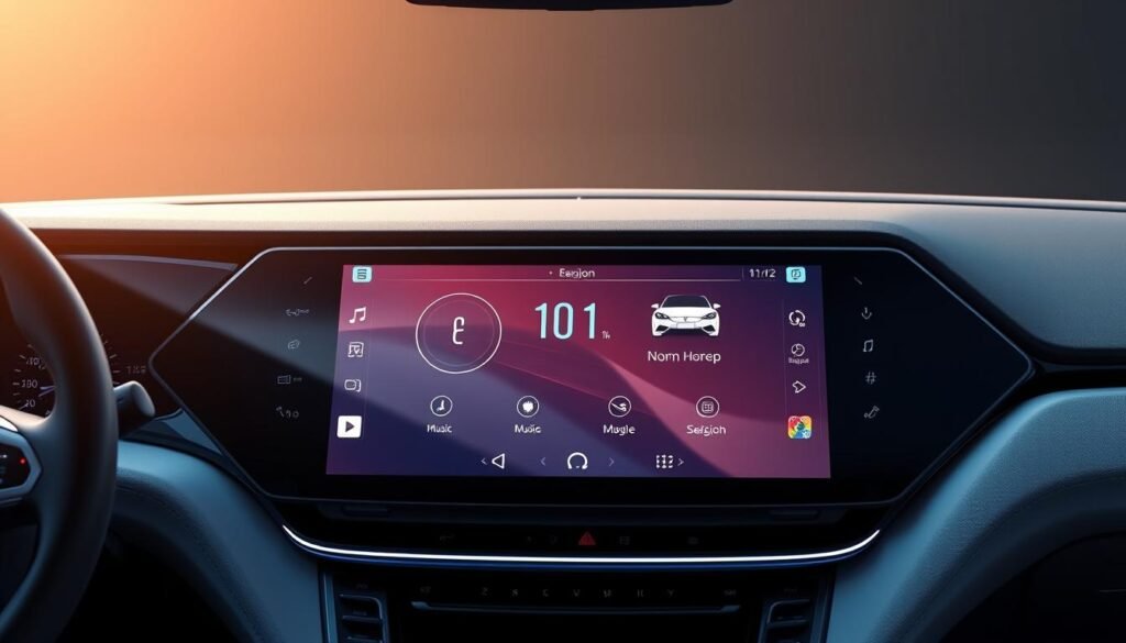 A sleek, futuristic android car stereo interface, designed by Yeelinkauto, with a large, high-resolution touchscreen display dominating the center console. The interface features a clean, minimalist aesthetic with intuitive controls and a seamless integration of multimedia functions, including music, navigation, and vehicle diagnostics. The display is bathed in a soft, ambient lighting, creating a warm and inviting atmosphere, while the angles and curves of the design evoke a sense of technological sophistication. The interface is captured in a crisp, high-quality render, showcasing the attention to detail and the advanced capabilities of this state-of-the-art car multimedia system.