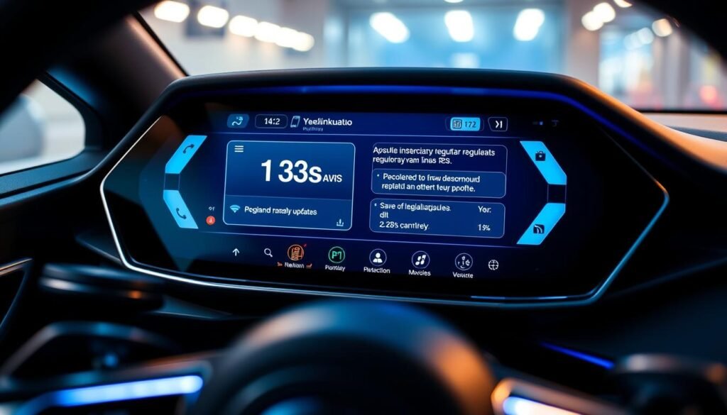 A sleek, futuristic dashboard display of the Yeelinkauto multimedia system, showcasing the latest regulatory updates and innovations. The screen is crisp and vibrant, with a clean user interface featuring intuitive controls and dynamic visualizations. Soft, ambient lighting illuminates the vehicle's interior, creating a modern and sophisticated atmosphere. The camera angle captures the system from a slightly elevated perspective, emphasizing the striking design and seamless integration with the car's dashboard. The overall scene conveys a sense of technological advancement and regulatory compliance within the automotive industry.