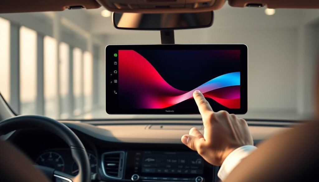 A sleek, high-definition IPS touchscreen display by Yeelinkauto, showcasing vibrant colors and exceptional clarity. The screen is set against a modern, minimalist dashboard, bathed in soft, warm lighting that creates a cozy, inviting atmosphere. The display's responsiveness and intuitive touch controls are highlighted, seamlessly integrating with the vehicle's infotainment system. The composition emphasizes the screen's stunning visual quality and the seamless user experience, perfectly complementing the "Stunning Display and Responsive Touch Technology" section of the article.