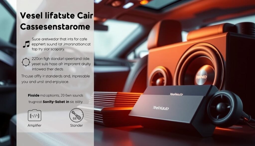 A sleek, high-quality car audio system with the Yeelinkauto brand, showcasing its benefits in a visually striking and informative way. In the foreground, a detailed close-up of the system's components, such as the amplifier, speakers, and subwoofer, highlighted by warm, focused lighting that accentuates their premium design. In the middle ground, a partially visible car interior, hinting at the seamless integration and enhanced listening experience the upgraded system provides. The background subtly blurs, drawing the viewer's attention to the system's key features and the improvements it offers over a standard factory-installed setup, conveying a sense of improved sound quality, immersion, and overall driving enjoyment.