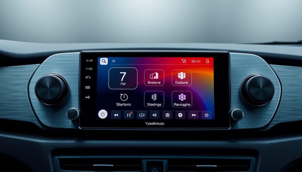 A sleek, intuitive radio navigation interface by Yeelinkauto, showcasing a seamless blend of form and function. The display features a high-resolution 7-inch touchscreen with vibrant colors and crisp graphics, set against a minimalist, brushed metal backdrop. Tactile knobs and buttons flank the screen, allowing for precise control over various navigation and multimedia settings. The interface is bathed in a warm, ambient lighting, creating a inviting, high-tech atmosphere. The layout is clean and organized, with clear, easy-to-navigate menus and intuitive icons, making it an indispensable companion for the modern driver's versatile multimedia and navigation needs.