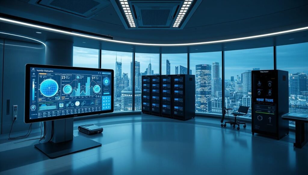 A sleek, modern Yeelinkauto vehicle data processing center. In the foreground, a large touchscreen display showcases intricate data visualizations and analytics. Surrounding it, an array of sensors and modules integrate seamlessly, processing a constant stream of real-time data. The middle ground features a network of interconnected servers and data processing units, bathed in a cool, blue-tinted lighting. In the background, a panoramic window offers a view of a bustling city skyline, symbolizing the seamless integration of advanced in-vehicle technology with the urban landscape. The overall mood is one of efficiency, innovation, and a vision for the future of automotive data management.
