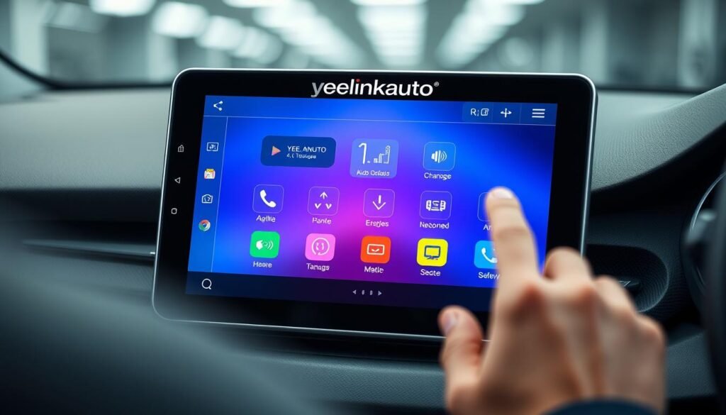 A sleek, modern capacitive touchscreen interface with a clean, minimalist design. The Yeelinkauto logo prominently displayed at the top, surrounded by a thin bezel. The interface features intuitive touch controls, vibrant color scheme, and crisp, high-resolution graphics. Smooth animations and responsive gestures create an immersive, user-friendly experience. Subtle ambient lighting illuminates the display, setting a sophisticated, high-tech tone. The interface is presented in a three-quarter angle view, capturing the depth and depth of field for a realistic, visually striking composition.