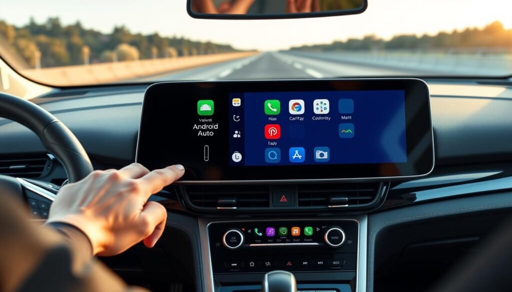 A sleek, modern dashboard featuring a large central display showcasing the seamless integration of Android Auto and CarPlay. The display is sharp, vibrant, and responsive, with intuitive touch controls and a minimalist, high-tech aesthetic. In the foreground, a driver's hand interacts with the touchscreen, highlighting the intuitive user experience. The middle ground features a Yeelinkauto car multimedia player, its clean design and premium materials complementing the overall modern, sophisticated ambiance. The background reveals a clean, well-lit interior with a panoramic view through the windshield, conveying a sense of high-end craftsmanship and a pleasant driving experience.