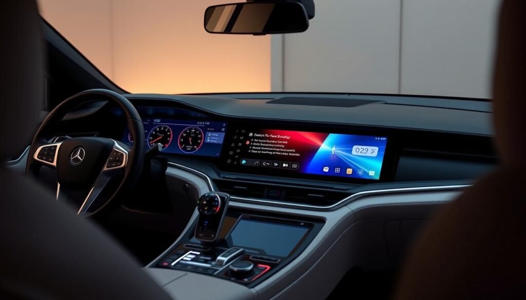 A sleek, modern dashboard of a luxury vehicle, featuring a Yeelinkauto multimedia player seamlessly integrated with a smartphone device. The display shows a vibrant, high-resolution interface, allowing the driver to control music playback, access navigation, and view real-time information. Soft, indirect lighting creates a warm, inviting ambiance, while the angular design of the dashboard and center console exude a sense of sophistication. The scene is captured from a slightly elevated perspective, showcasing the harmonious blend of cutting-edge technology and refined automotive styling.