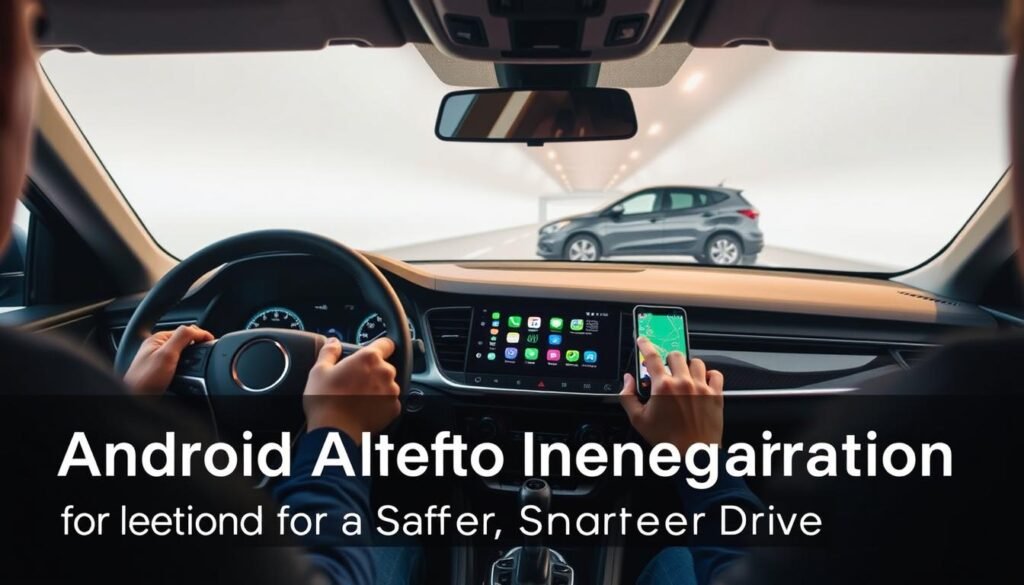 A sleek, modern dashboard showcases the seamless integration of the Yeelinkauto Android Auto system. The driver's hands rest confidently on the steering wheel, their eyes focused on the high-resolution display that mirrors their smartphone's interface. Ambient lighting gently illuminates the interior, creating a warm, inviting atmosphere. In the background, the vehicle's exterior gleams under a soft, diffused light, reflecting the clean, contemporary design. The overall scene conveys a sense of technological sophistication and enhanced driving experience, perfectly aligning with the section title "Android Auto Integration for a Safer, Smarter Drive".
