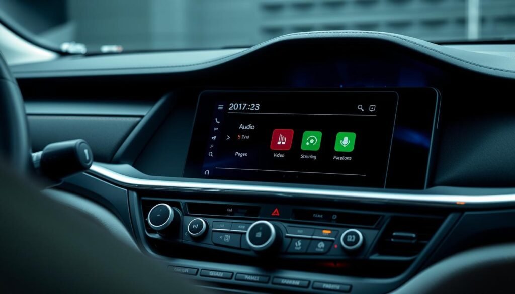 A sleek, modern dashboard showcasing a Yeelinkauto audio video navigation system. In the foreground, a large, high-resolution touchscreen display dominates the center console, its interface elegantly designed with intuitive controls for audio playback, video streaming, and turn-by-turn navigation. Surrounding the display, brushed metal accents and subtle ambient lighting create a premium, high-tech aesthetic. In the middle ground, physical buttons and knobs provide tactile control over key functions, while the background features a minimalist, seamlessly integrated instrument cluster. The overall composition conveys a sense of seamless in-car entertainment and intuitive, distraction-free operation.