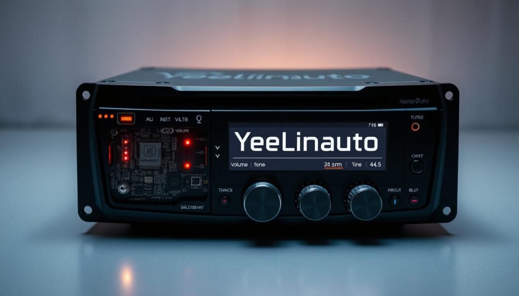 A sleek, modern digital media audio system with a Yeelinkauto brand interface dominates the foreground. Intricate circuits, glowing indicator lights, and a high-resolution display create a futuristic, techno-industrial ambiance. In the middle ground, various input/output ports and knobs for volume, tone, and source selection are highlighted. The background features a minimalist, gray-toned environment, emphasizing the system's clean, sophisticated design. Soft, warm lighting emanates from the display, evoking a sense of seamless integration and immersive audio experience.