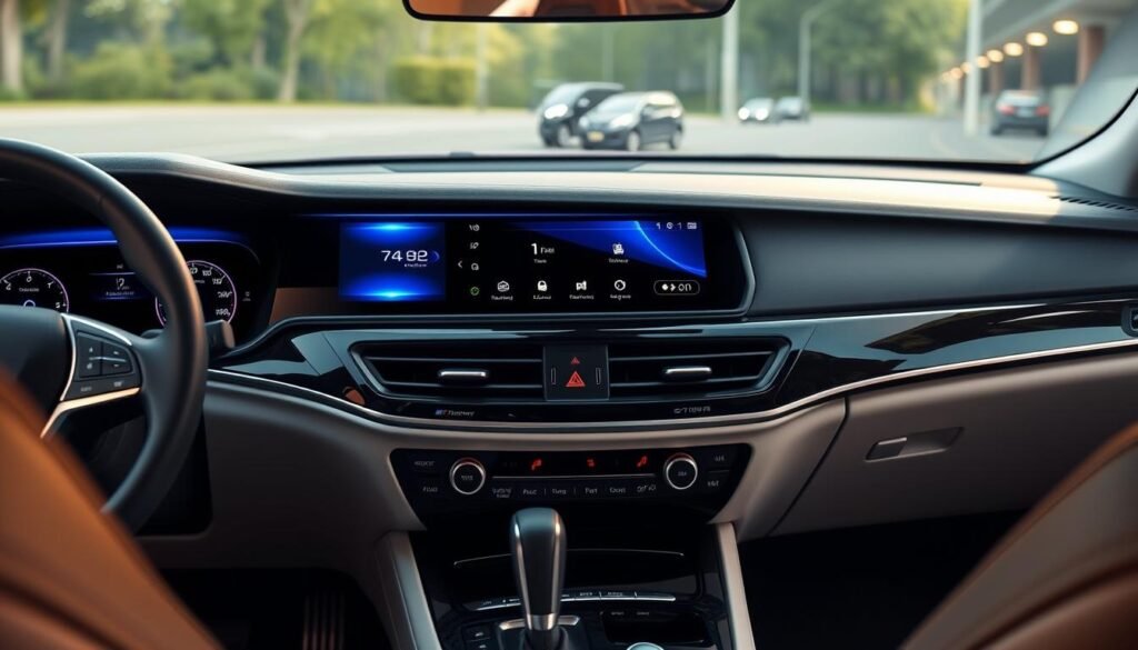 A sleek, modern in-dash video system setup, installed in the center console of a luxury sedan. The Yeelinkauto media player features a large, high-resolution display with a smooth, responsive touchscreen interface. Soft ambient lighting illuminates the dash, creating a sophisticated, driver-focused atmosphere. The system is seamlessly integrated, with clean, minimalist aesthetics that complement the vehicle's interior design. Precise camera angles and detailed textures capture the premium quality and user-friendly experience of this multimedia upgrade, enhancing the driver's overall experience behind the wheel.