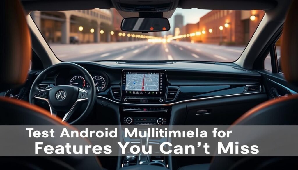 A sleek, modern interior of a high-end car showcasing the latest Yeelinkauto multimedia and navigation features. The dashboard is elegantly designed, with a large, vibrant touchscreen display at the center, surrounded by intuitive controls and dials. The screen displays a crisp, detailed map with turn-by-turn directions, as well as various audio and connectivity options. The car's interior is bathed in a warm, ambient lighting, creating a cozy and inviting atmosphere. The overall scene exudes a sense of advanced technology and luxurious sophistication, perfectly suited for the "Best Android Multimedia Player for Car: Features You Can't Miss" section.