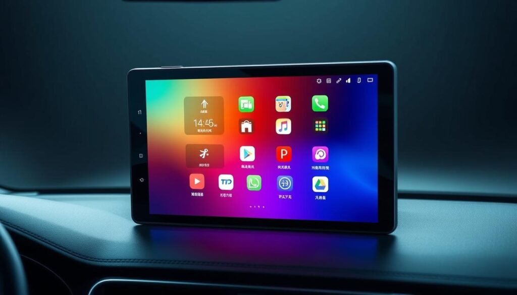 A sleek, modern touch screen display from Yeelinkauto, showcasing a high-resolution, vibrant interface. The screen is flush-mounted, with a glossy, fingerprint-resistant surface. Crisp, clean icons and intuitive menus are backlit by soft, ambient lighting, creating a premium, high-tech ambiance. The screen is angled slightly towards the driver, providing easy access and a streamlined, integrated look within the vehicle's dashboard. Subtle reflections on the screen's surface suggest a seamless, responsive touch experience. The overall aesthetic is sophisticated, minimalist, and in keeping with the A3086 Car Multimedia Player's premium design.