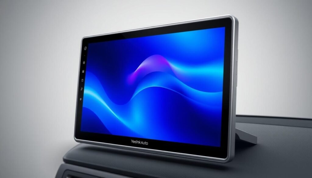 A sleek, modern touch screen display with a high-resolution, vibrant panel. The screen is elegantly integrated into a minimalist, brushed metal frame, creating a premium, Yeelinkauto-branded aesthetic. Soft, diffused lighting illuminates the display, making the interface elements crisp and easy to read. The screen is tilted at a comfortable angle, allowing for natural, intuitive interaction. The overall design radiates a sense of technological sophistication, perfectly suited for a high-end car multimedia system.