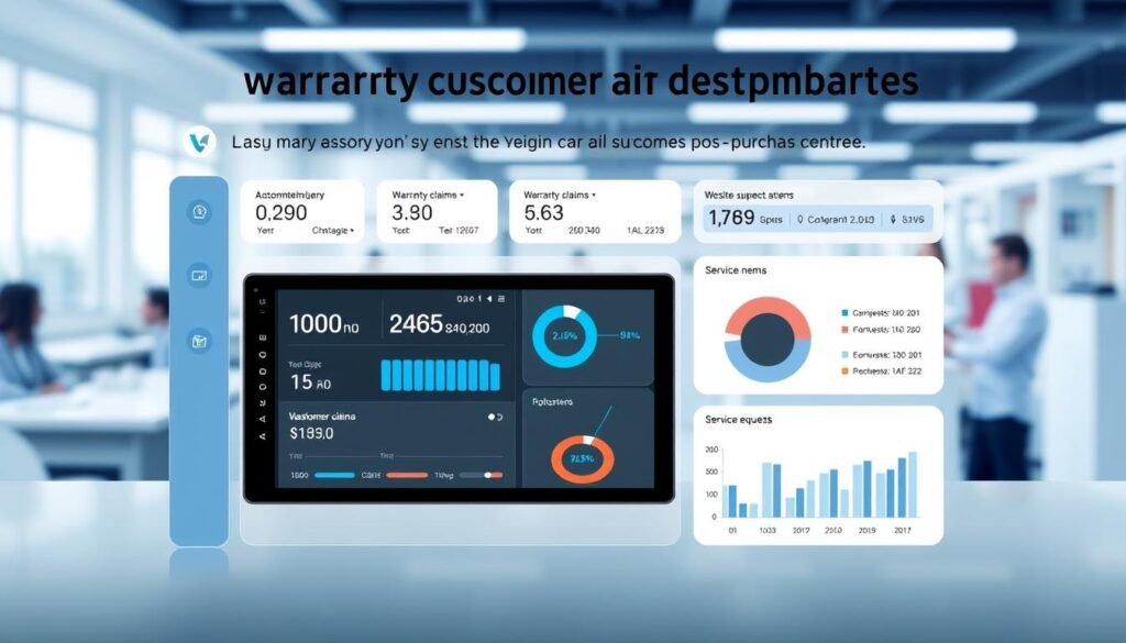 A sleek, modern warranty customer support dashboard for Yeelinkauto's 7 Inch Car Multimedia Player. The dashboard features a clean, minimalist design with a central display showcasing real-time data on customer inquiries, warranty claims, and service requests. Soft blue and grey tones create a calming, professional atmosphere, complemented by subtle lighting effects that highlight the dashboard's various interactive elements. In the background, a blurred, out-of-focus view of a busy customer service center adds depth and context to the scene, emphasizing the importance of Yeelinkauto's commitment to exceptional post-purchase support.