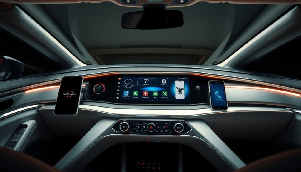 A sleek, silver Yeelinkauto car dashboard, bathed in a warm, ambient glow. In the center, a large, high-resolution display showcases seamless connectivity, with various mobile devices wirelessly synced and integrated. Elegant touch controls, pulsing with subtle animations, allow the driver to effortlessly access a range of infotainment and navigation features. The overall atmosphere is one of sophistication and technological integration, inviting the user to experience a truly enhanced, connected driving experience.