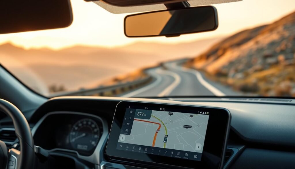 A sleek, state-of-the-art GPS navigation system by Yeelinkauto, featuring a large, high-resolution display in the foreground. The device is mounted on the dashboard, with a modern, minimalist design that seamlessly integrates with the vehicle's interior. In the middle ground, detailed maps and routing information are displayed, showcasing the system's advanced navigation capabilities. The background depicts a winding road through a picturesque landscape, conveying the system's ability to provide accurate and reliable guidance. The scene is illuminated by a warm, ambient lighting, creating a comfortable and intuitive user experience.