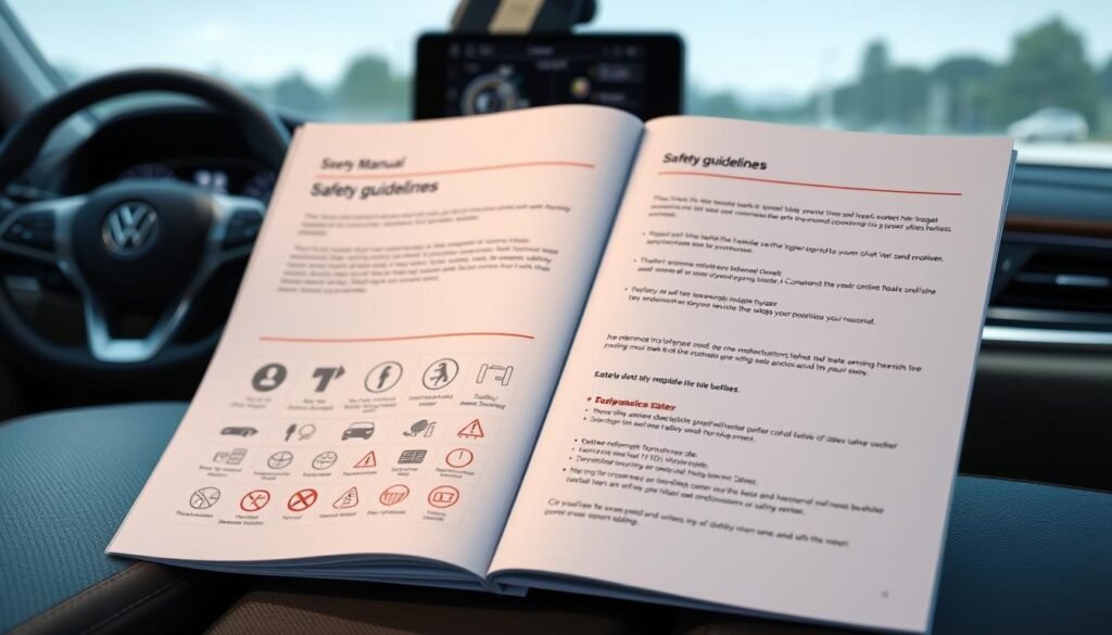 A well-lit, high-quality image of a user manual's safety guidelines section for a Yeelinkauto car multimedia player. The manual pages are prominently displayed, with clear visual hierarchy and organization. The foreground features crisp, detailed illustrations of safety icons and pictograms. The middle ground showcases the user manual's clean, minimalist layout with easy-to-read text. The background subtly depicts a modern, high-tech vehicle interior, setting the scene for the car multimedia player. The overall mood is informative, authoritative, and visually engaging, reflecting the importance of safety guidelines.