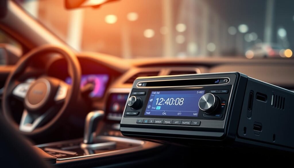 A well-lit, high-resolution photograph of a Yeelinkauto bluetooth usb car stereo, showcasing its sleek, modern design with a brushed metal finish. The stereo is positioned at a slight angle, allowing for a clear view of its intuitive control panel and vibrant full-color display. In the background, a blurred image of the interior of a luxury sedan, emphasizing the seamless integration of the Yeelinkauto technology into the vehicle's dashboard. The lighting is warm and inviting, creating a sense of sophistication and technological advancement.
