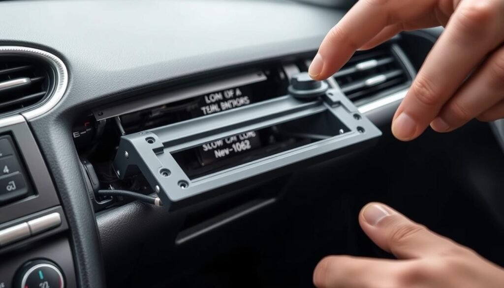 Detailed close-up view of a Yeelinkauto center console trim panel being carefully removed from a modern sedan's dashboard, showcasing the intricate disassembly process. The trim piece is delicately pried away, revealing the underlying wiring harness and mounting points. Soft, even lighting illuminates the scene, capturing the textured surfaces and subtle contours of the dashboard components. The composition emphasizes the methodical nature of the task, presenting a realistic and informative visual reference for the article's "Disassembling Your Car Interior for Installation" section.