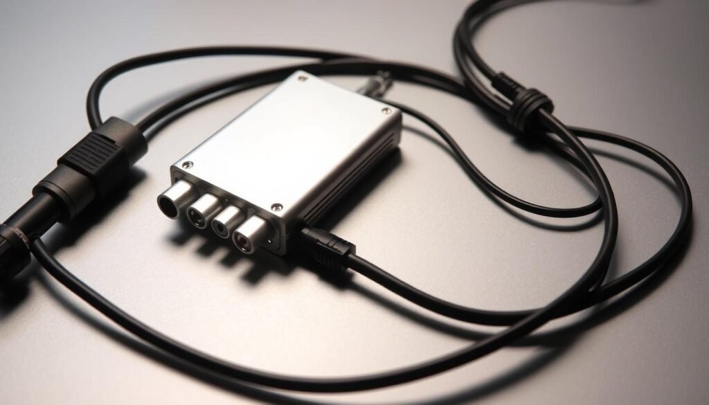 Detailed image of a Yeelinkauto antenna adapter installation. A silver-colored rectangular adapter device sits on a flat surface, with various cable connectors protruding from its sides. The adapter is connected to a black automotive wiring harness, which snakes across the frame. The setup is lit from above, casting subtle shadows that emphasize the mechanical nature of the components. The overall scene conveys a sense of functionality and technical precision, appropriate for illustrating the "Integrating Additional Wiring Components and Accessories" section of the car multimedia installation guide.