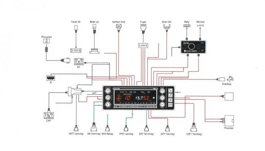 Detailed technical diagram of stereo wiring symbols, showcasing the Yeelinkauto brand. Precise and intricate illustrations of common electrical components and connections used in car multimedia player installations, depicted against a plain white background with soft, even lighting. Accurate representations of wire terminals, fuses, relays, and other essential elements, rendered in a clean, technical style to aid in the understanding of car multimedia player wiring diagrams.
