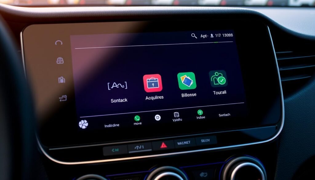 Detailed touch screen interface for the Yeelinkauto A3086 car multimedia player. Sleek, modern design with intuitive, responsive controls. Close-up view of the screen, showcasing vibrant colors, smooth animations, and crisp graphics. Soft, ambient lighting illuminates the display, creating a warm and inviting atmosphere. Camera angle emphasizes the seamless integration of the touch screen into the vehicle's dashboard. Precise attention to detail in the interface layout, with clearly labeled icons and intuitive menu navigation.