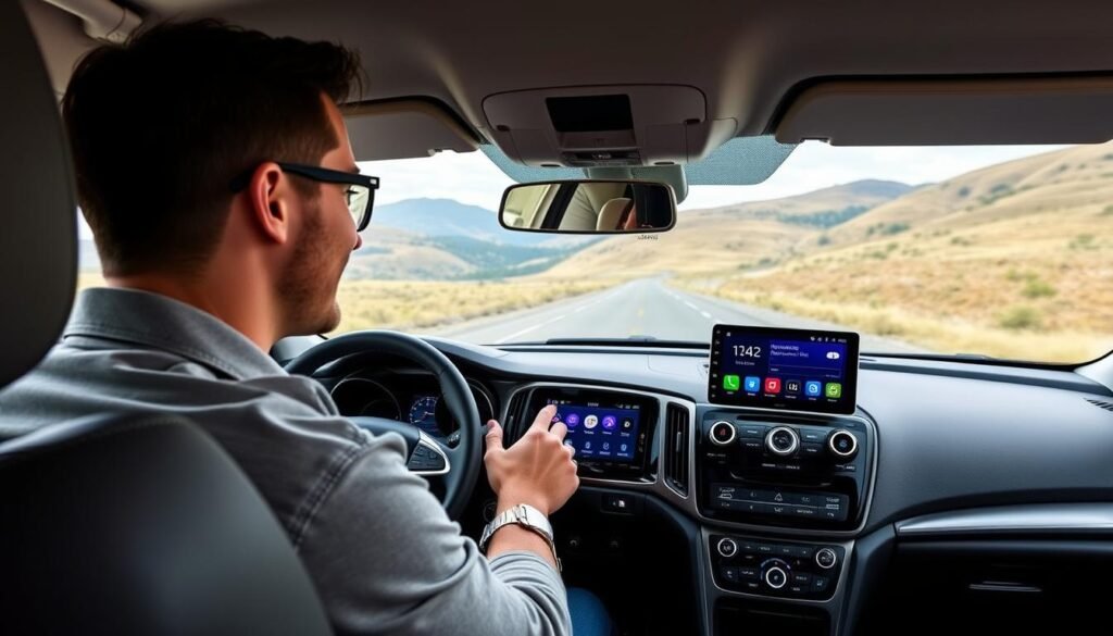 Driver enjoying Yeelinkauto Android car multimedia player features on a scenic drive Driver enjoying Yeelinkauto Android car multimedia player features on a scenic drive