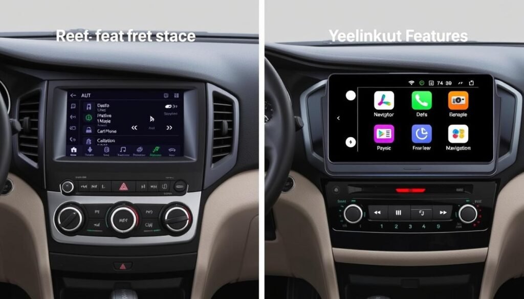 Split screen comparing factory car system with Yeelinkauto Android multimedia player features Split screen comparing factory car system with Yeelinkauto Android multimedia player features