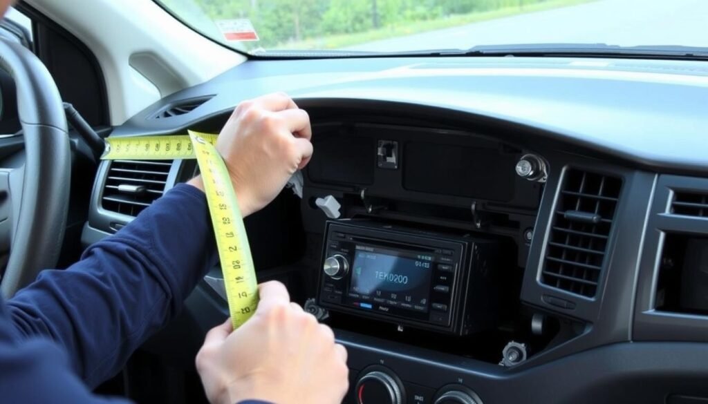 Yeelinkauto Android car multimedia player being measured for proper dashboard fit Yeelinkauto Android car multimedia player being measured for proper dashboard fit