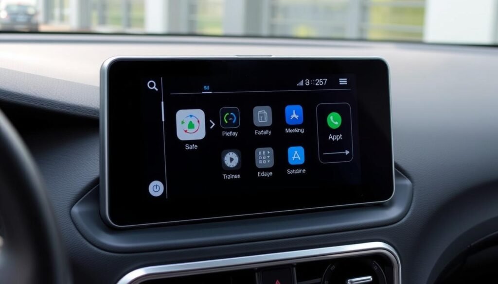 Yeelinkauto CarPlay and Android Auto Integration. Sleek and modern multimedia display showcasing seamless connectivity between car and smartphone. Crisp, high-resolution interface with intuitive touch controls. Elegant silver bezel and matte black panel blend harmoniously with the vehicle's interior. Soft indirect lighting casts a warm, inviting glow. Angled view reveals dashboard integration, creating a cohesive, integrated user experience. Subtle chrome accents and angular design language evoke a premium, high-tech aesthetic. Emphasis on the clean, uncluttered layout and focus on core functionality.