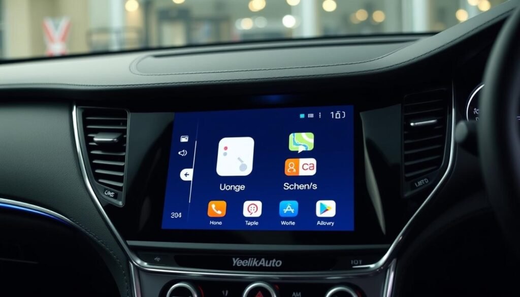 Yeelinkauto wireless Apple CarPlay interface, displayed on a sleek, high-resolution touch screen in the center console of a luxury sedan. The interface features smooth, intuitive navigation with crisp, vibrant graphics. Illuminated by soft, ambient lighting that complements the vehicle's interior design. The display is captured from a slightly elevated, angled perspective, showcasing the seamless integration of the system within the car's dashboard. A sense of sophistication and technological advancement permeates the scene, reflecting the enhanced driving experience provided by the integrated features.