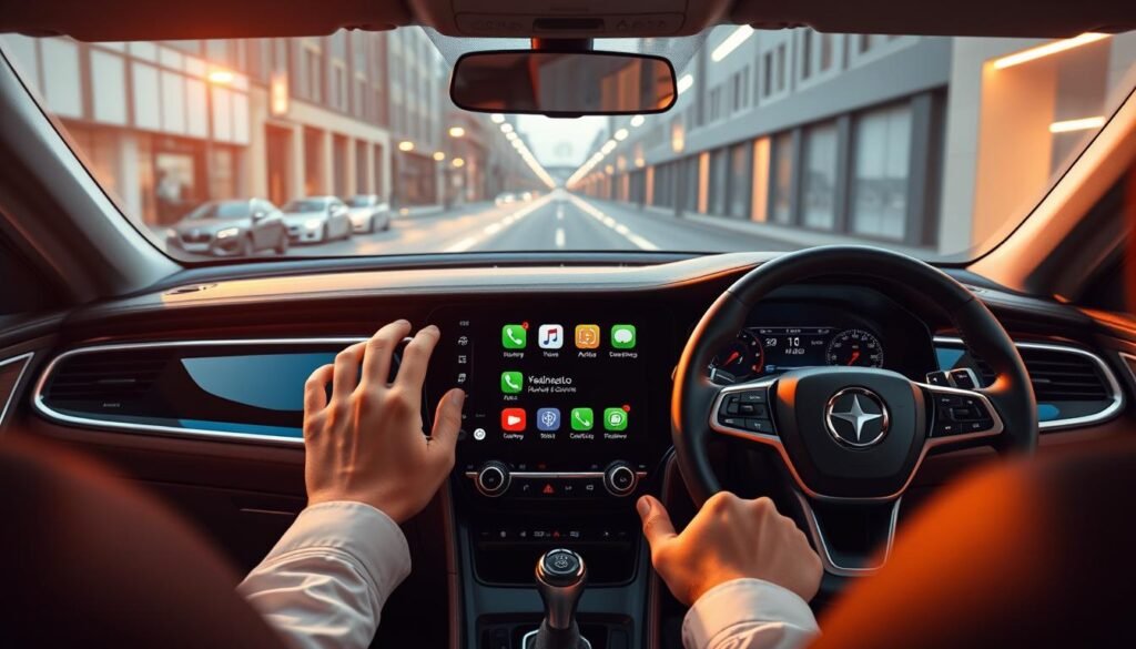 Yeelinkauto's seamless Android Auto and CarPlay integration, showcasing a sleek dashboard interface with intuitive touch controls. A high-resolution display dominates the center console, seamlessly blending digital and physical controls. The scene is illuminated by warm, ambient lighting, creating a sophisticated and inviting atmosphere. The driver's hands rest on a modern, leather-wrapped steering wheel, ready to engage with the advanced connectivity features. In the background, the car's exterior is visible through the panoramic windshield, reflecting the urban landscape outside.