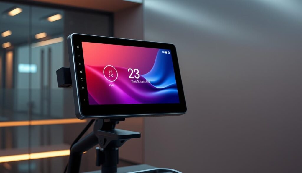 a highly detailed and photorealistic image of a Yeelinkauto touch monitor with wireless integration, set against a sleek and modern backdrop. The monitor is mounted on an adjustable stand, showcasing its crisp display and responsive touch capabilities. The wireless connectivity is evident through clean, minimalist design elements. The scene is lit with a soft, warm lighting that emphasizes the premium materials and clean lines of the device. The overall atmosphere conveys a sense of cutting-edge technology and elegant, contemporary style suitable for a high-end car stereo multimedia player upgrade.