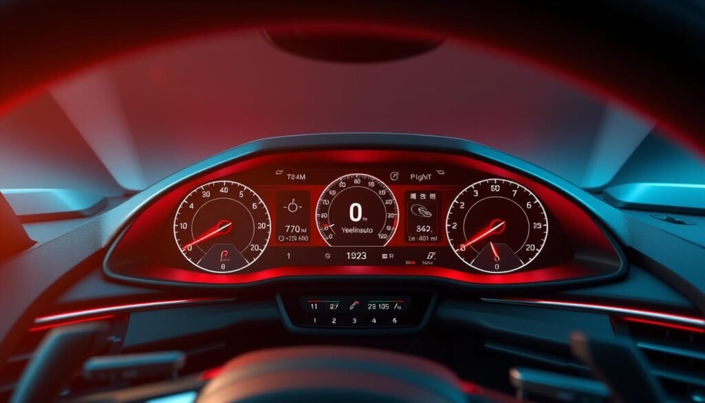 a highly detailed and realistic 3D render of a car dashboard safety installation system, showing a sleek and modern dashboard display with various indicators, dials, and controls. The system is labeled "Yeelinkauto" and features a large central touchscreen, analog speedometer and tachometer, various warning lights, and a range of buttons and switches for adjusting safety features. The lighting is soft and warm, creating a premium and high-tech atmosphere. The camera angle is angled slightly upwards to showcase the dashboard's sophisticated design and integration with the car's interior. The overall scene conveys a sense of advanced safety technology and seamless integration into the driving experience.